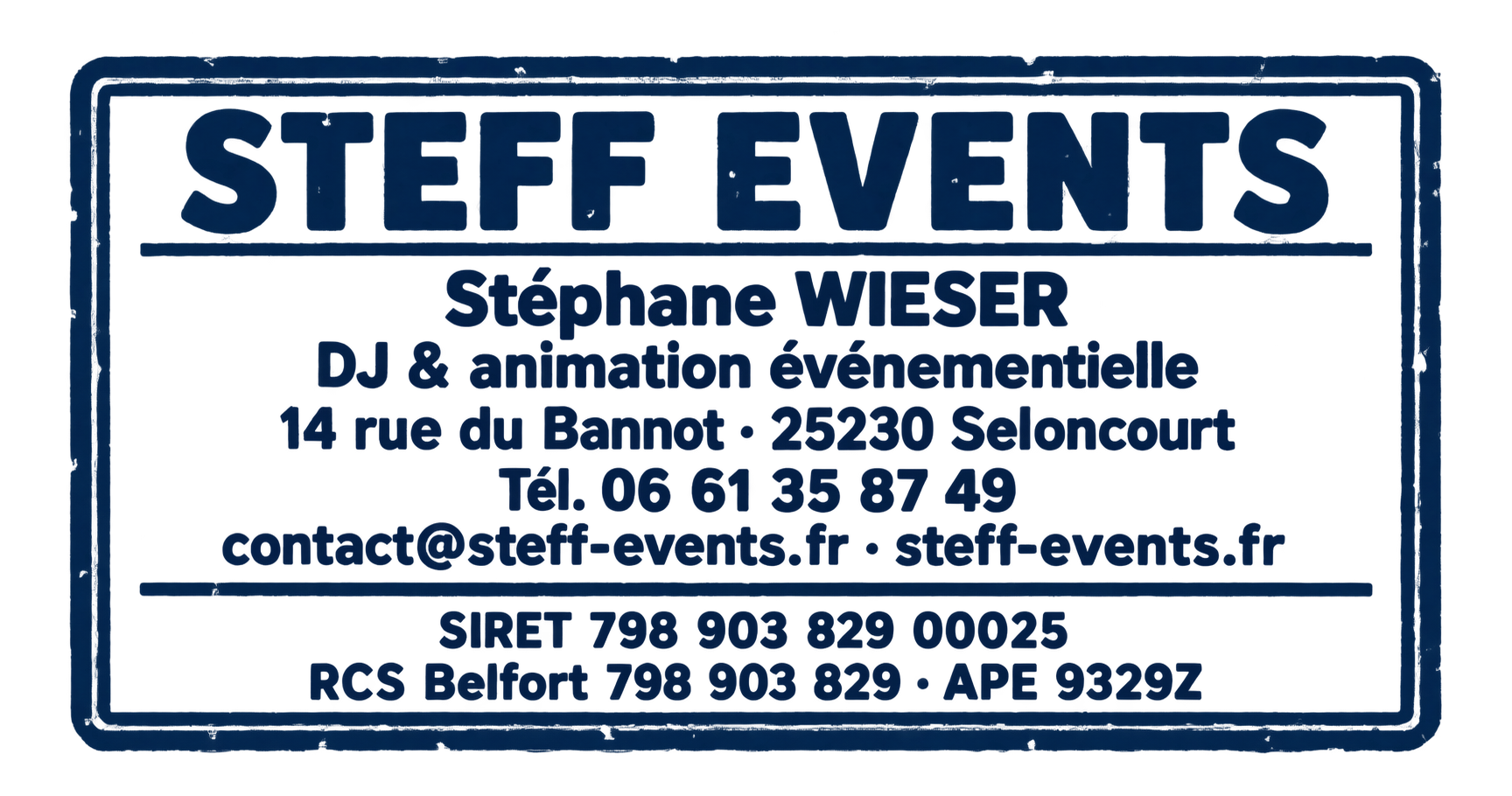 Tampon Steff Events, Stéphane Wieser, SIRET 798 903 829 00025